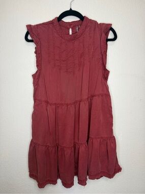 Anthropologie Rose Pink Tiered Mini Dress Lyocell Cotton Women's Size MP pockets
